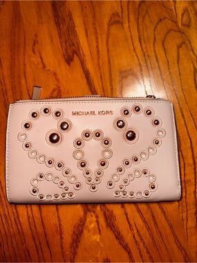 Michael Kors Light Pink Zip-Around Wallet with Rose Gold Studs